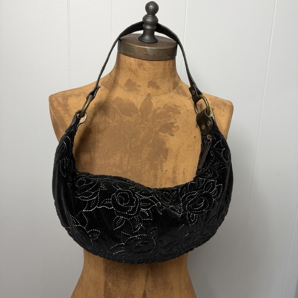 The Unbranded Brand Handbags - Y2K Black Velvet Embroidered Floral Hobo Shoulder Bag Indie Boho